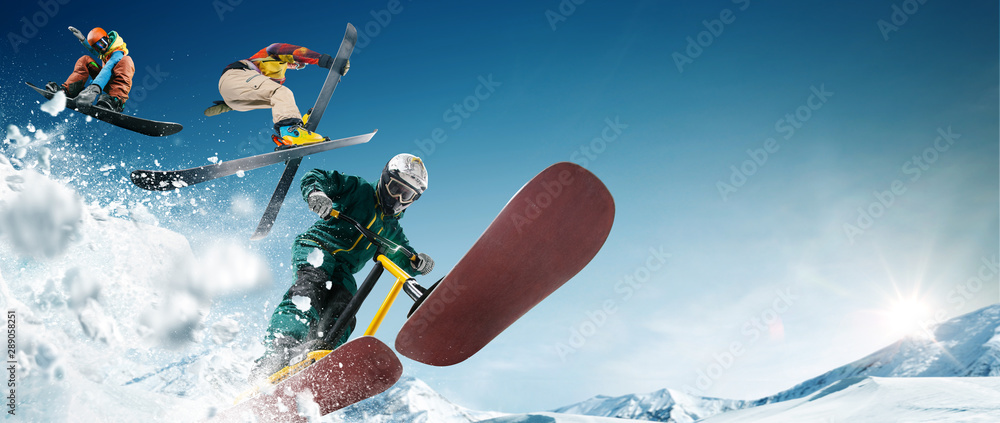 Skiing, snow scoot, snowboarding.  Extreme winter sports.