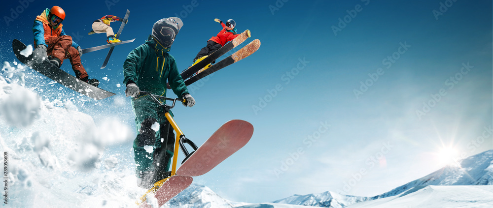 Skiing, snow scoot, snowboarding.  Extreme winter sports.