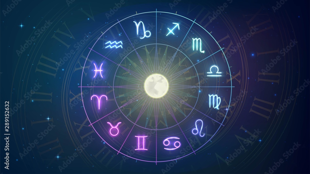 夜空中十二星座的轮子，占星术，神秘主义，对未来的预测