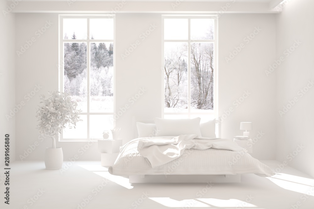 Stylish bedroom in white color with winter landscape in window. Scandinavian interior design. 3D ill