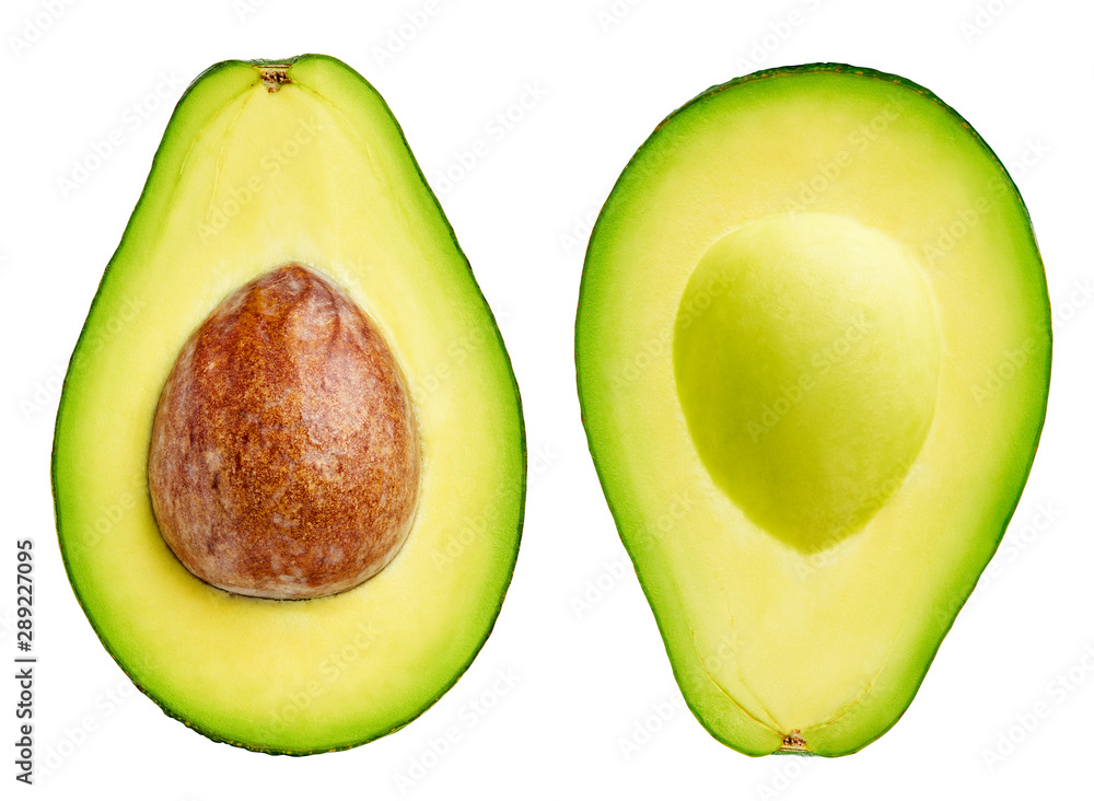 Avocado collection isolated on white. Avocado half Clipping Path. Avocado studio macro shooting