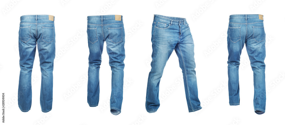 Set of light empty denim pants on a white background