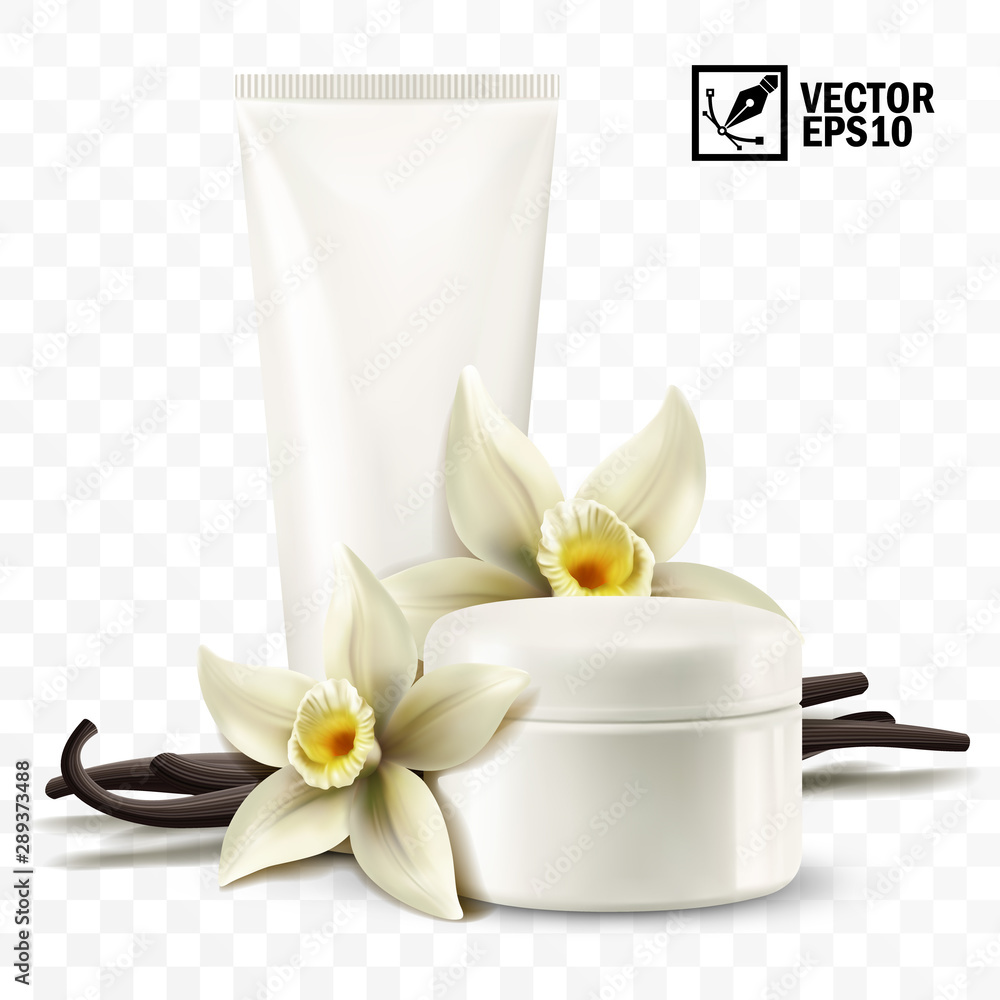 3d realistic isolated vector mockup, jar and tube with cosmetic cream, vanilla flowers and sticks