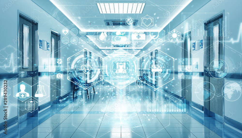 Hospital blue corridor with digital medical infographics and charts 3D rendering