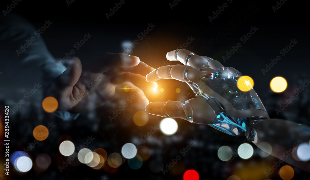 Robot hand making contact with human hand on dark background 3D rendering