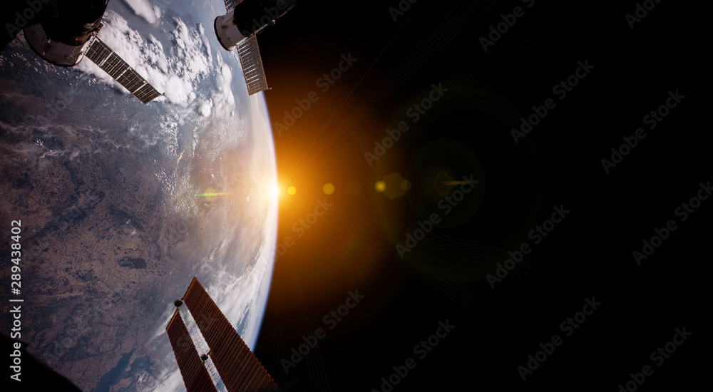 View of planet Earth from a space station window during a sunrise 3D rendering elements of this imag