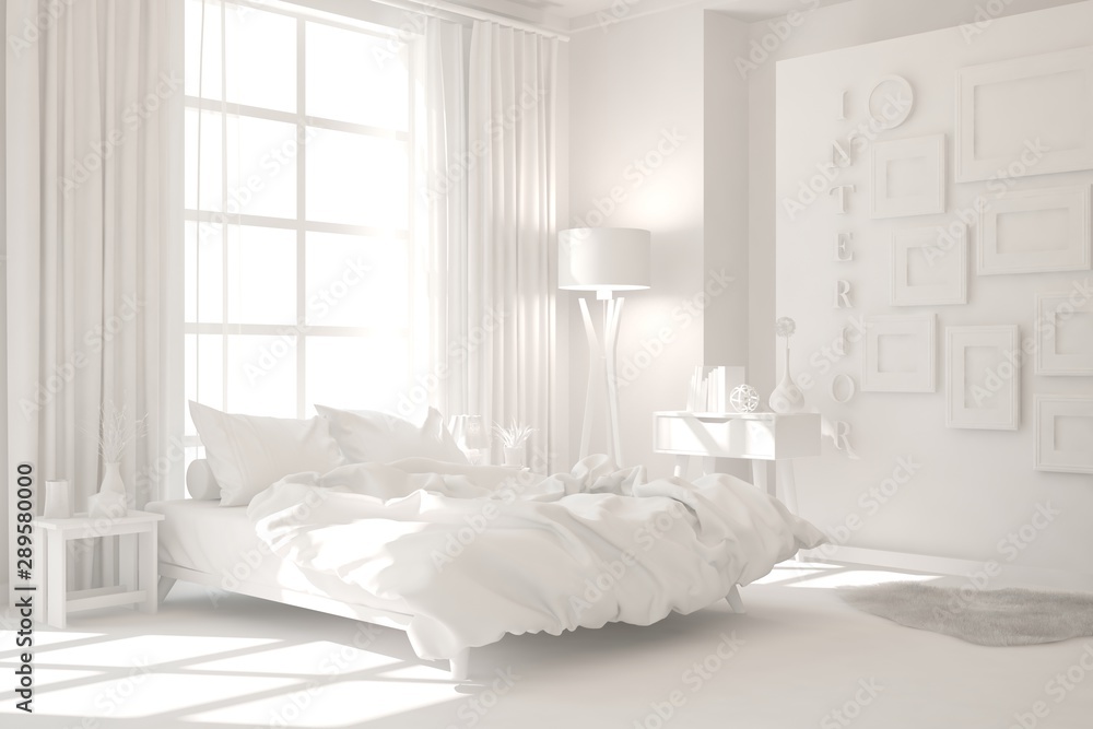 Modern bedroom in white color. Scandinavian interior design. 3D illustration