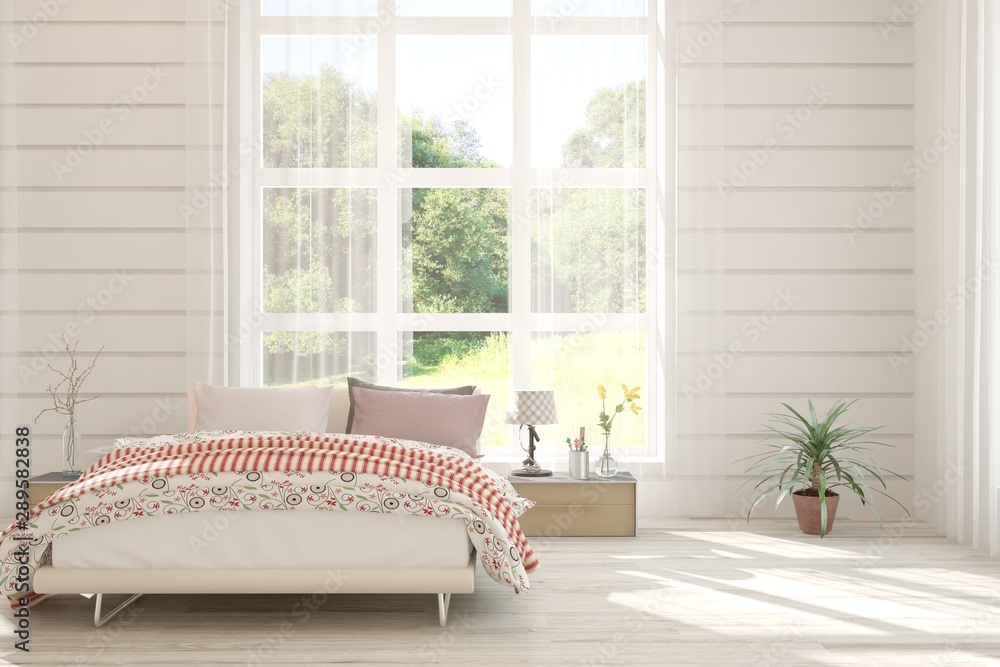 Stylish bedroom in white color with smmer landscape in window. Scandinavian interior design. 3D illu