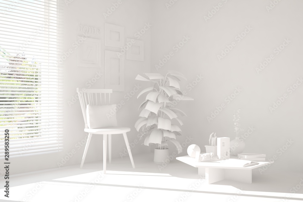 Mock up of stylish room in white color with chair. Scandinavian interior design. 3D illustration