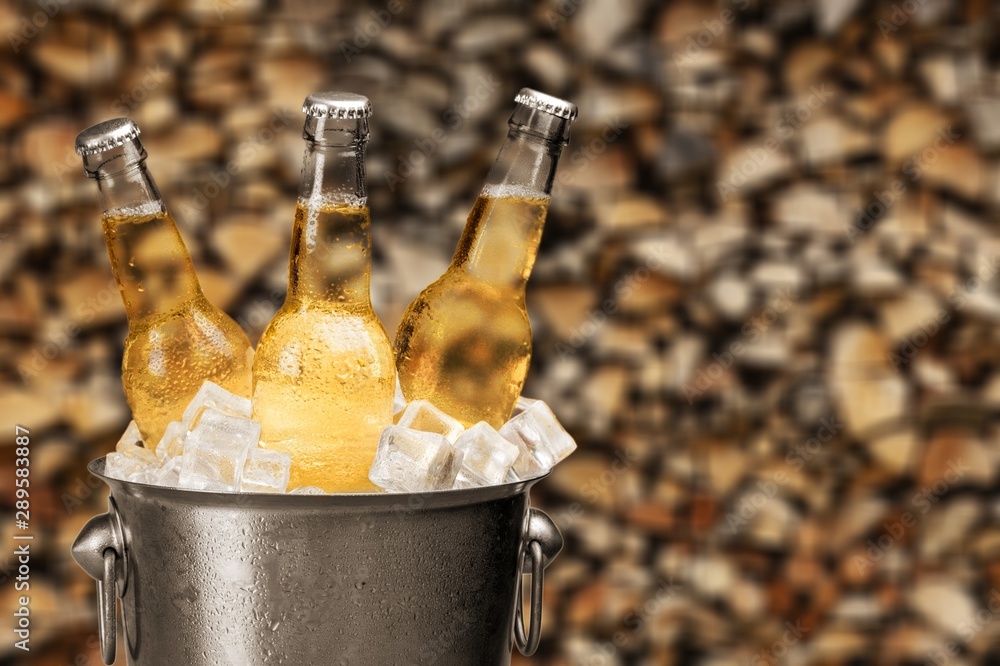 Bottles of cold and fresh beer with ice isolated