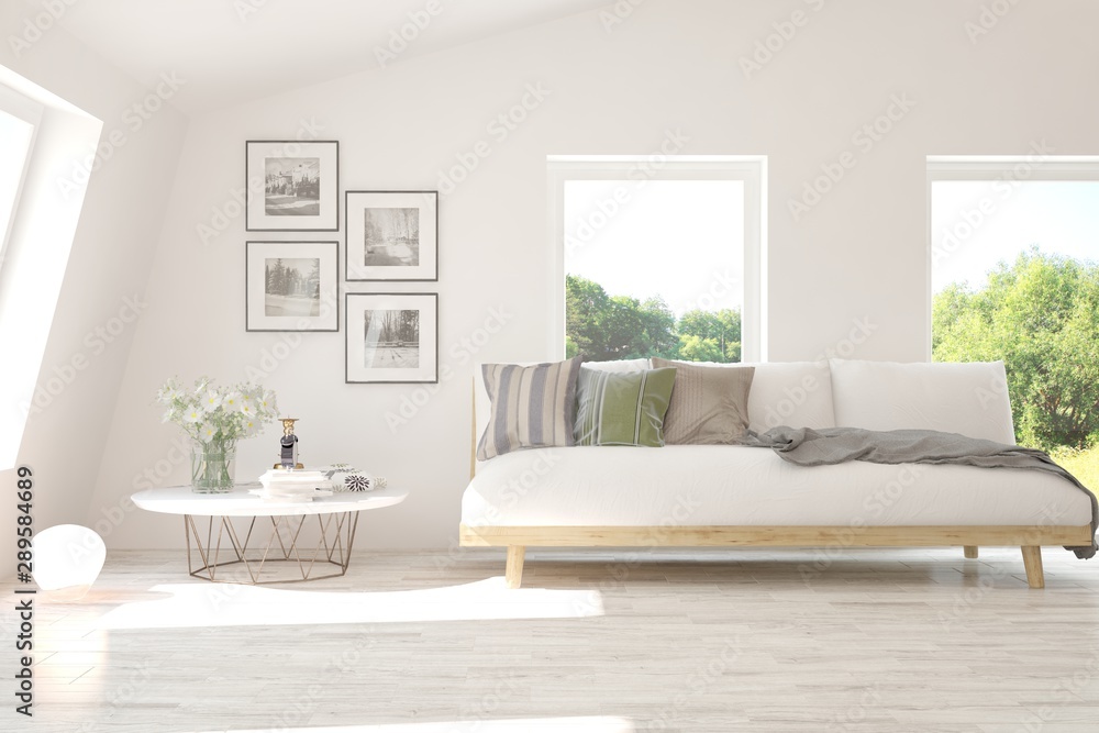 Stylish room in white color with sofa. Scandinavian interior design. 3D illustration