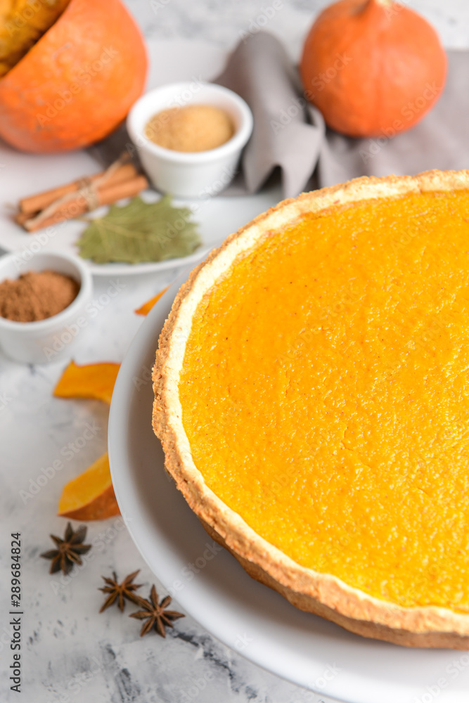 Tasty pumpkin pie on table, closeup