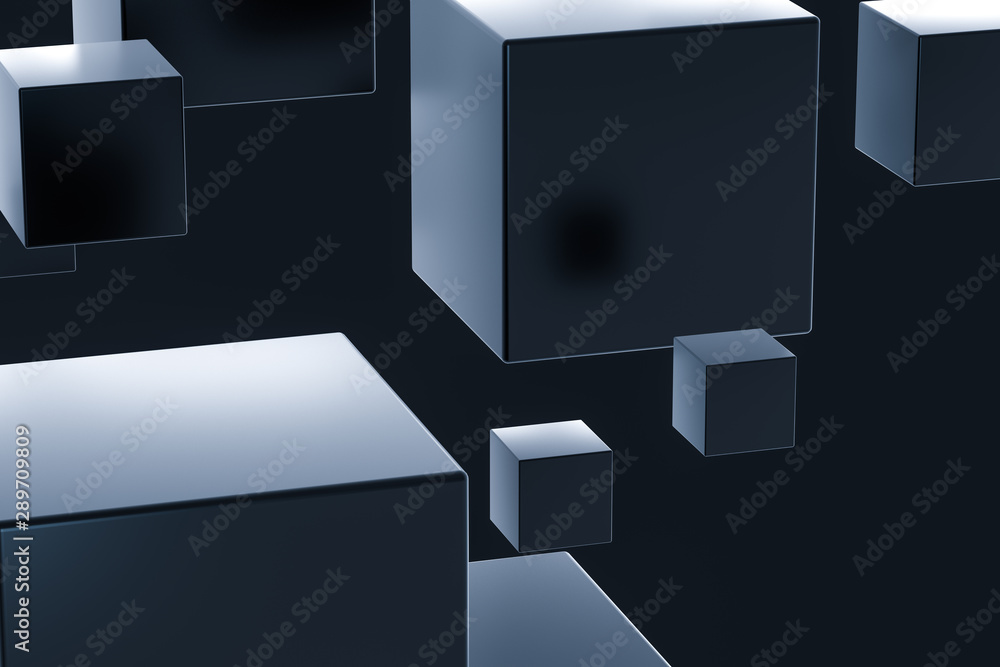 Dark cubes randomly distributed in the air, 3d rendering.