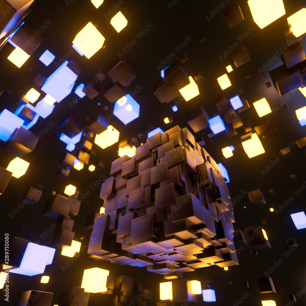 Dark cubes randomly distributed in the air, 3d rendering.