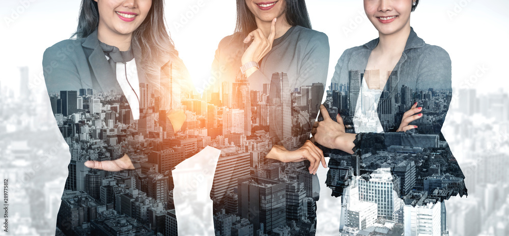 Double exposure image of many business people conference group meeting on city office building in ba