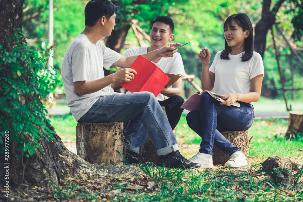 Team of young students studying in a group project in the park of university or school. Happy learni