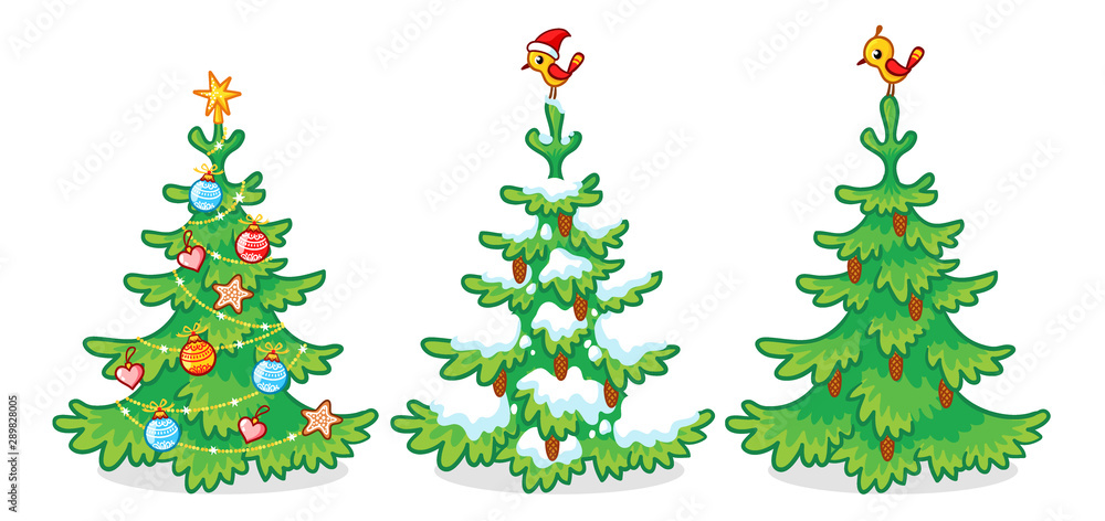 Collection of three Christmas trees on a white background. Vector illustration