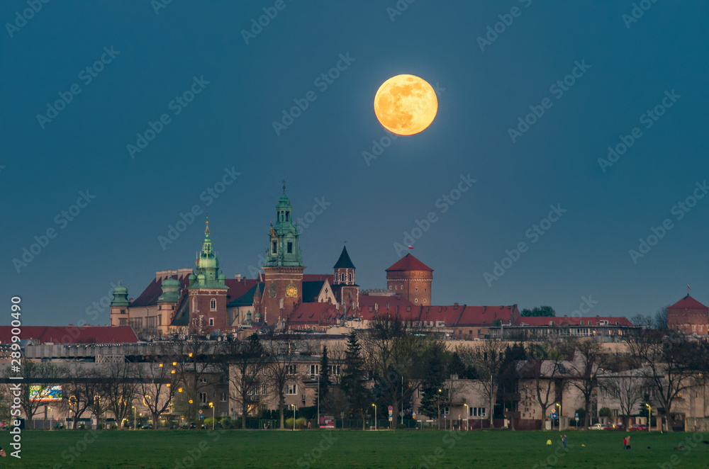 Wawel Castle and full moon, Krakow, Poland, seen from Blonia meadow