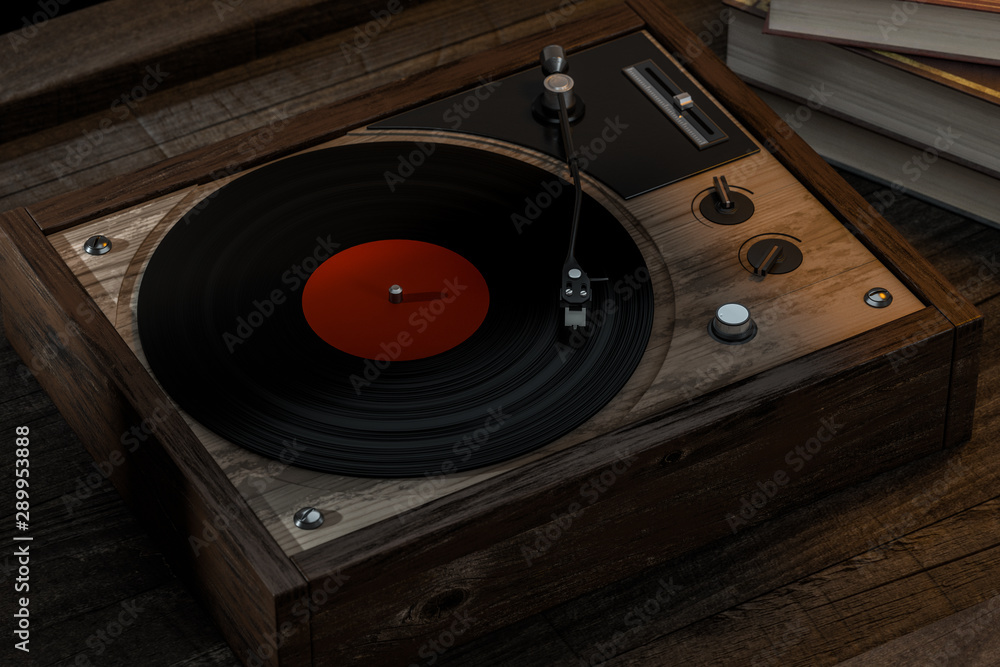 The old wooden vinyl record player on the table, 3d rendering.