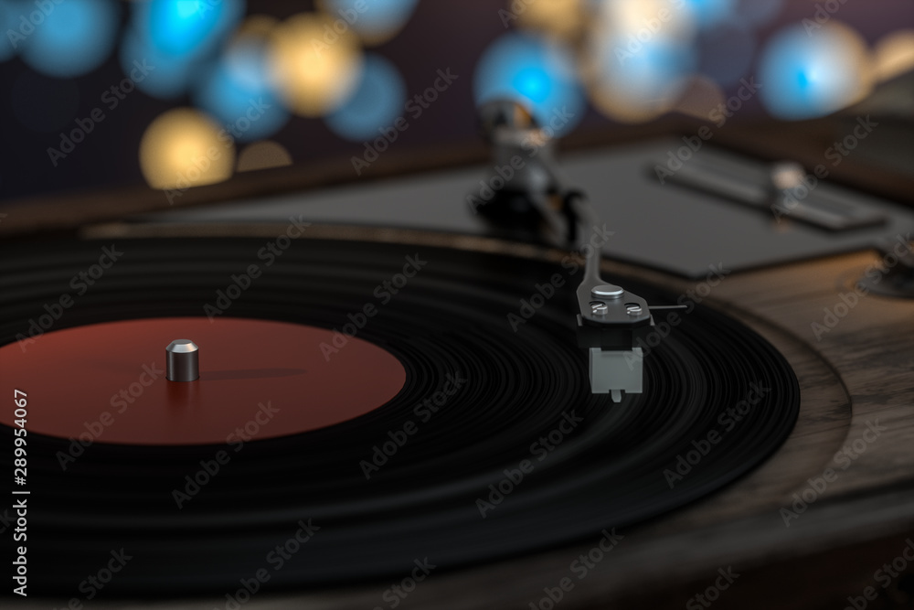 The old wooden vinyl record player on the table, 3d rendering.