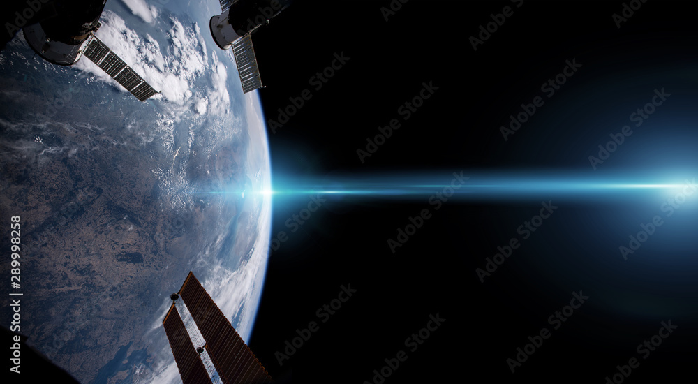 View of planet Earth from a space station window during a sunrise 3D rendering elements of this imag