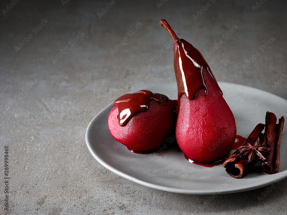 Pears poached in red wine