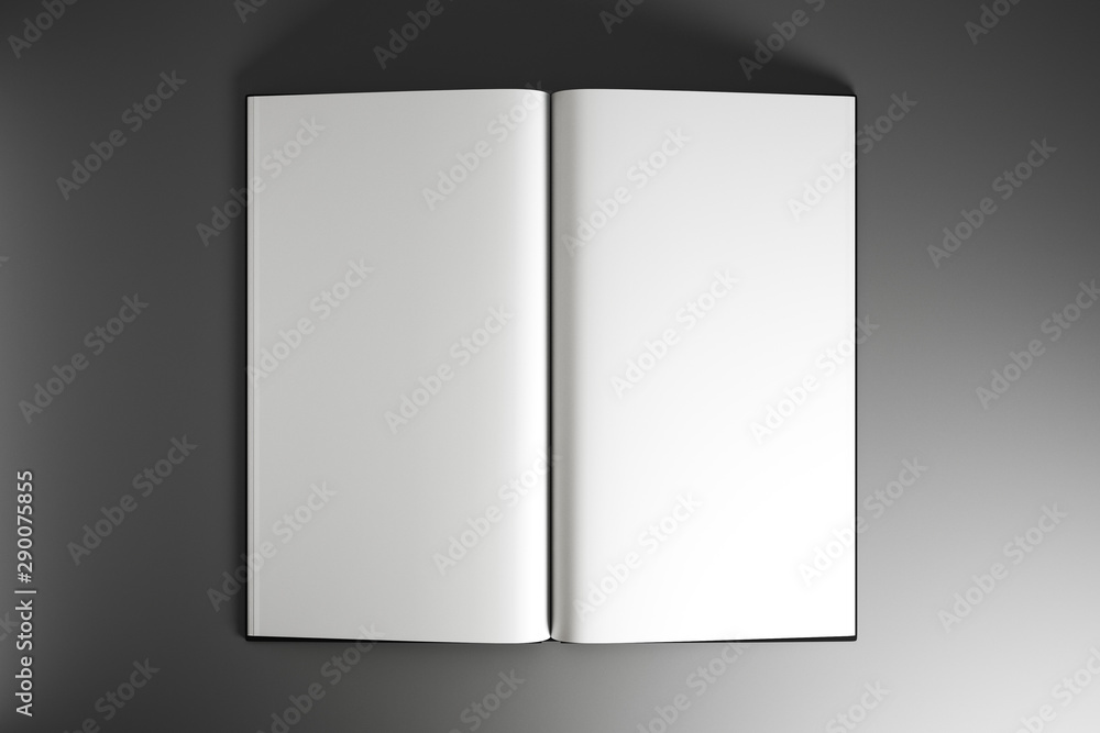 Open book with blank white mock up sheets at grey background.