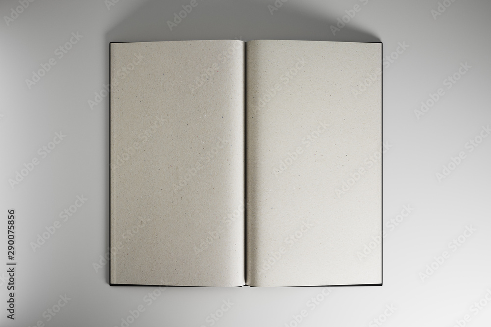 Open book with blank mock up eco sheets at light background, copyspace.