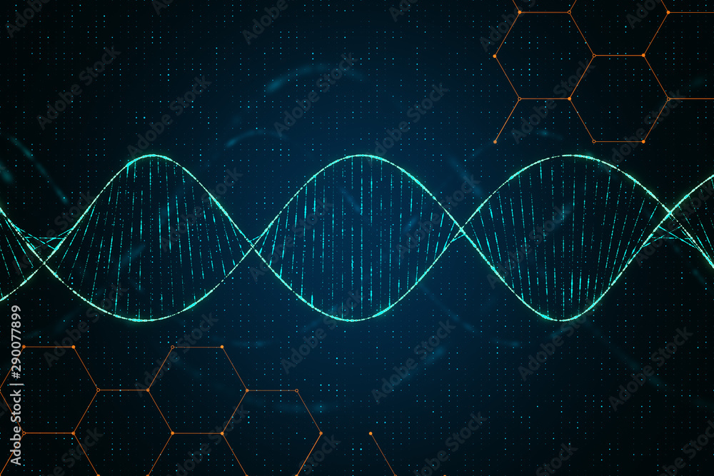 具有数字dna螺旋和抽象技术背景的遗传学概念。