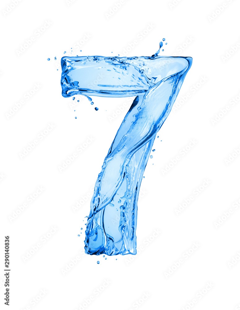 Number 7 made of water splashes, isolated on a white background