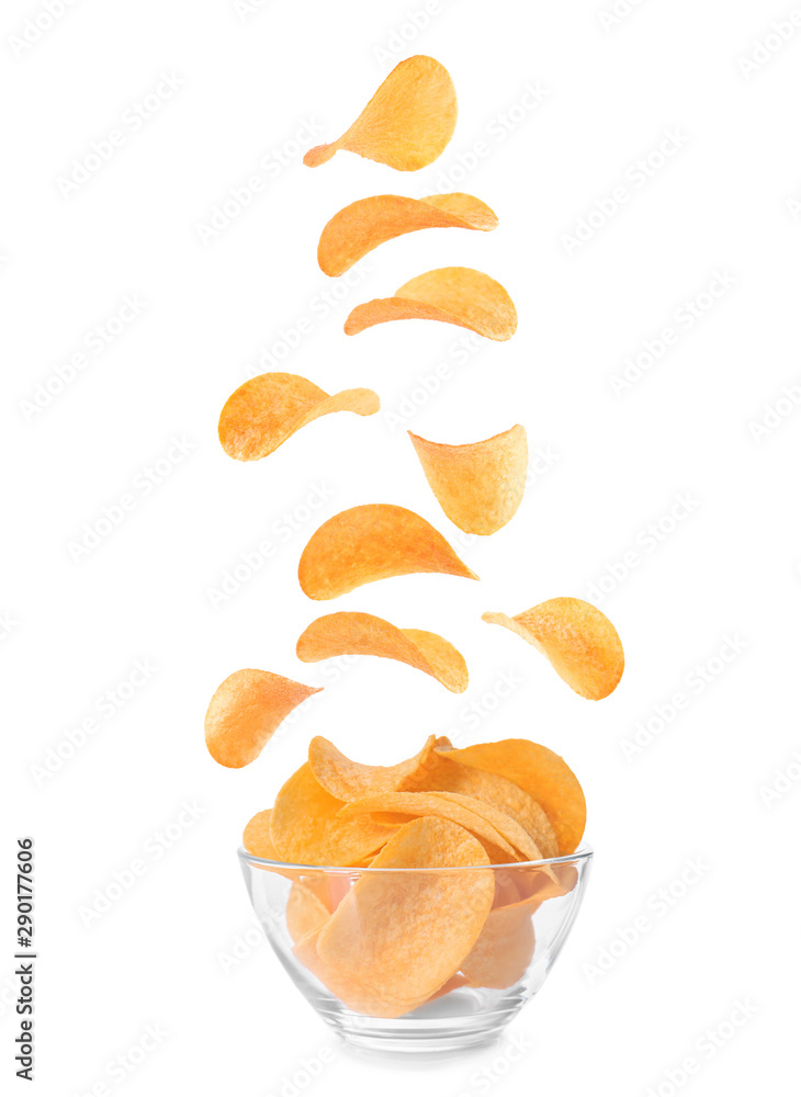 Bowl with tasty crispy potato chips on white background