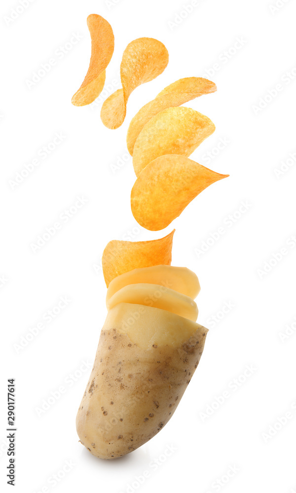 Tasty raw potato with crispy chips on white background