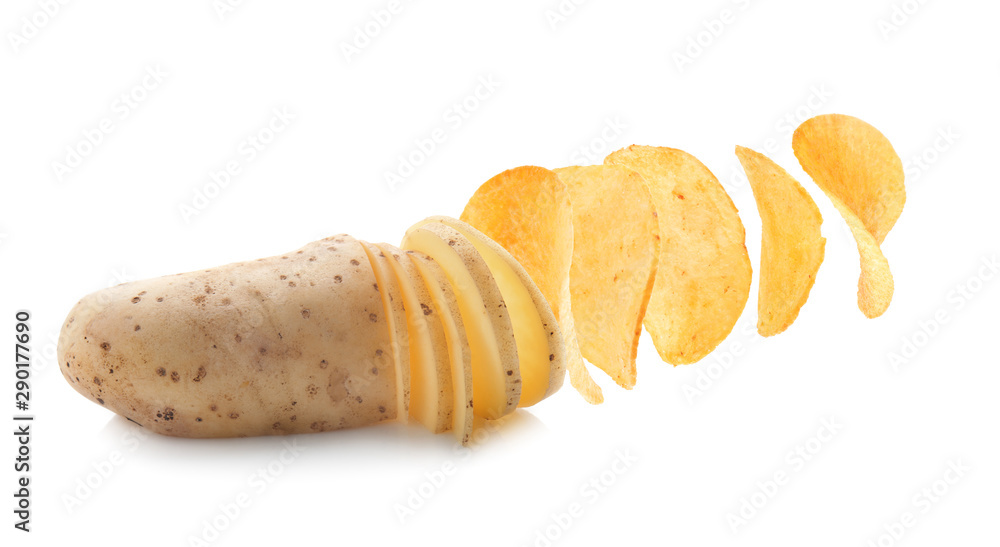 Tasty raw potato with crispy chips on white background