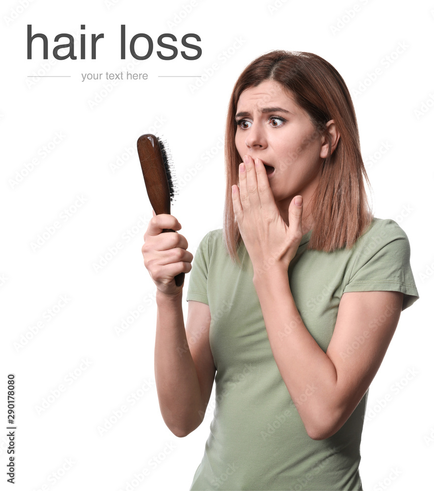 Woman with hair loss problem on white background