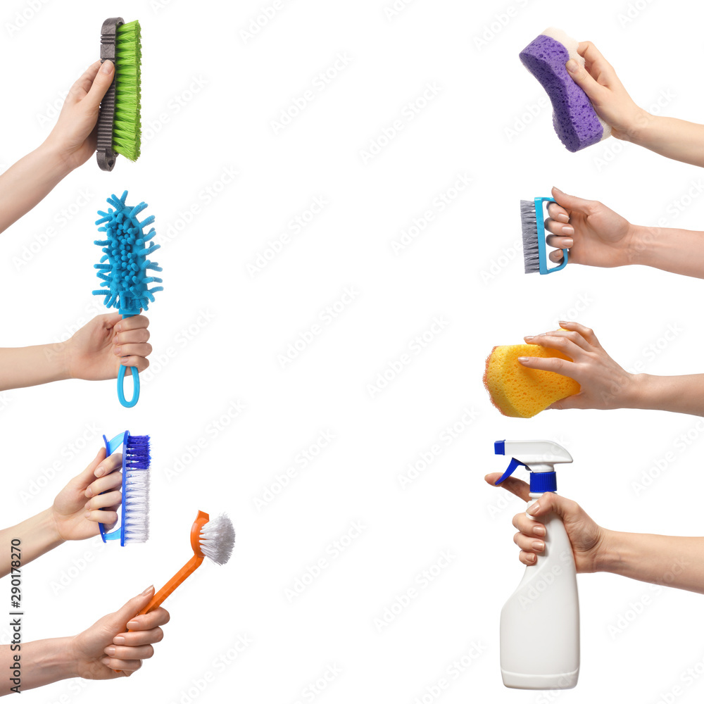 Female hands with cleaning supplies on white background