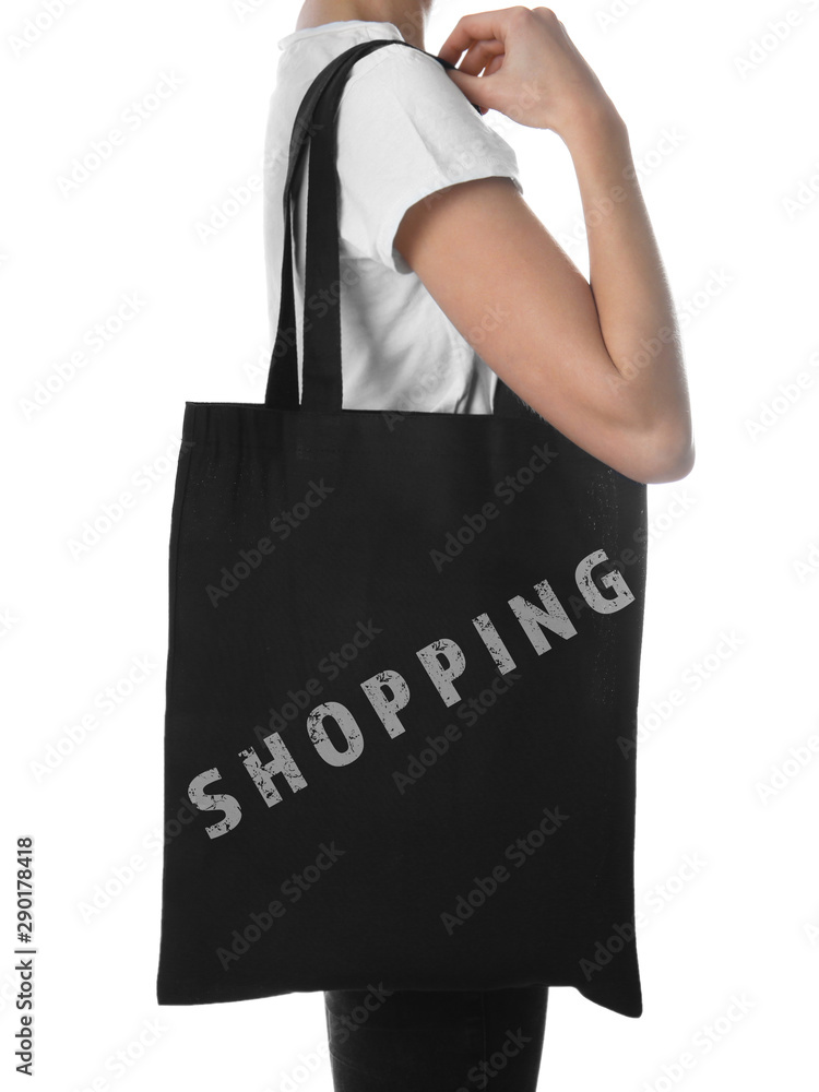 Woman with blank bag for branding on white background