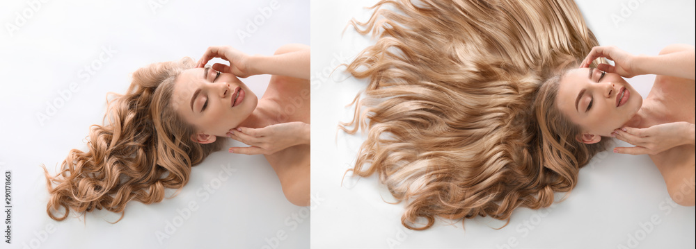 Beautiful young woman before and after hair treatment on white background