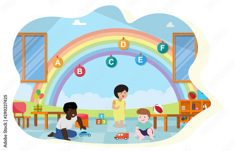 Kids Play Toys Kindergarten Classroom Interior Children School Furniture Vector Illustration