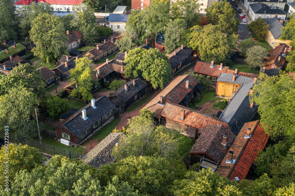 Aerial view of Luostarinmäki Handicrafts Museum at summer day, the only continuous district of woode