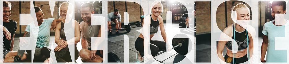 Collage of people smiling while exercising together in a gym