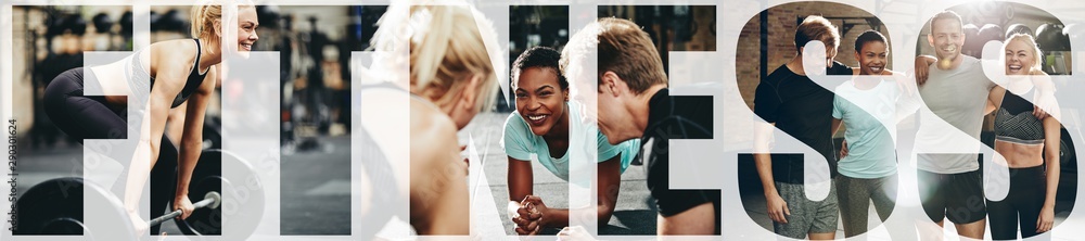 Collage of fit people smiling during various gym workouts