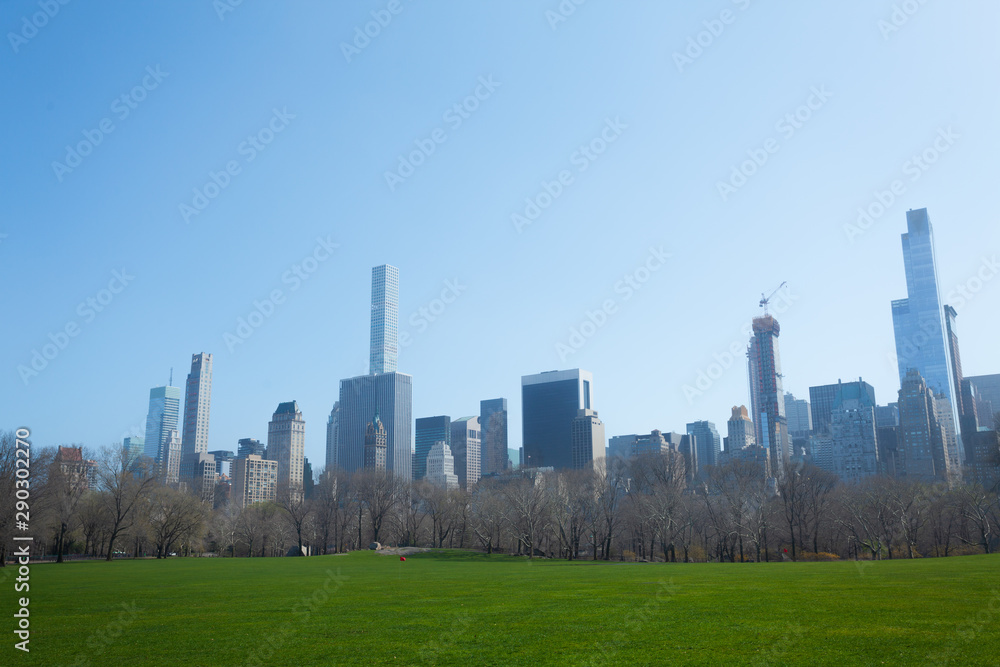 春天的草坪，草地上的纽约全景