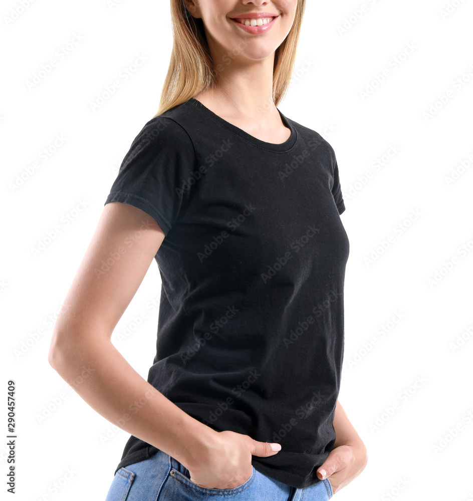 Woman in stylish t-shirt on white background