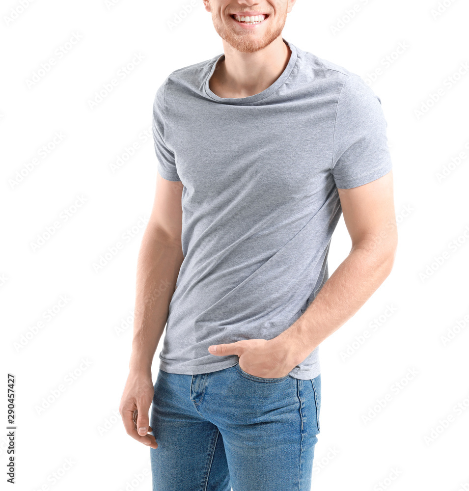 Man in stylish t-shirt on white background