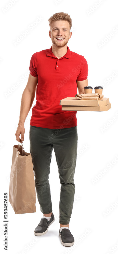 Handsome worker of food delivery service on white background