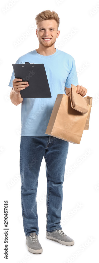 Handsome worker of food delivery service on white background