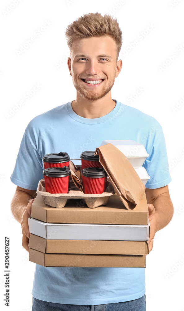 Handsome worker of food delivery service on white background