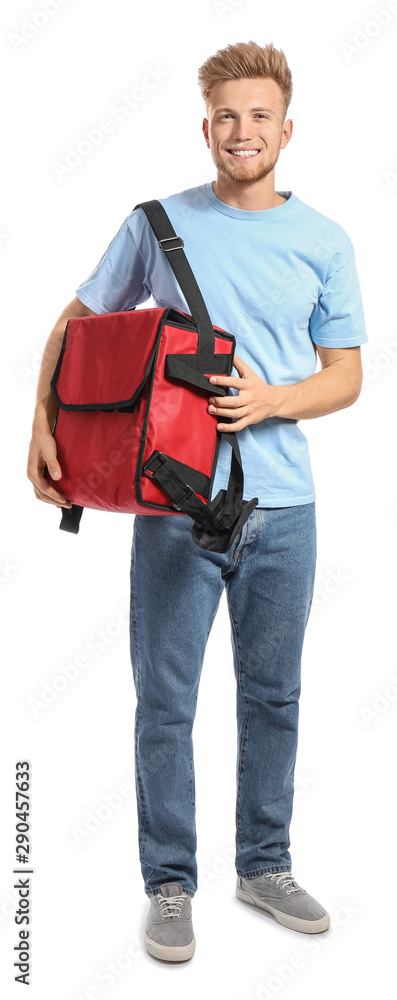 Handsome worker of food delivery service on white background