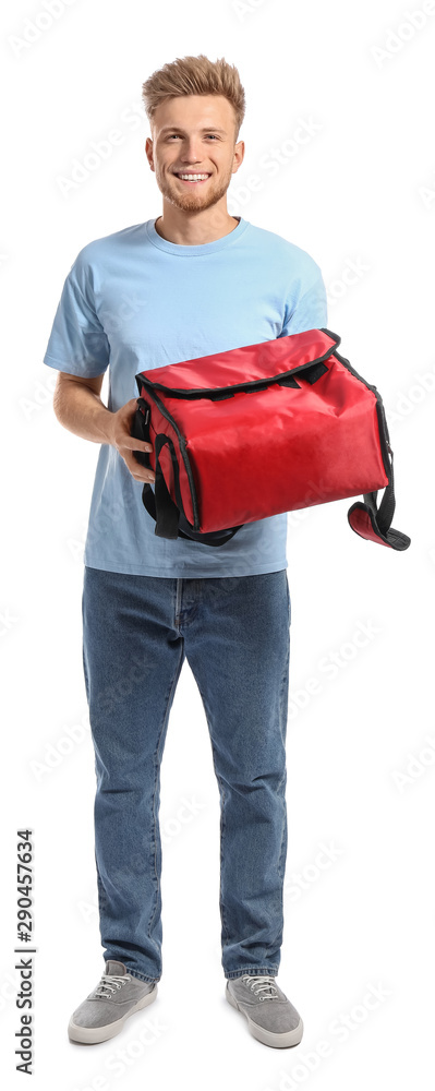 Handsome worker of food delivery service on white background