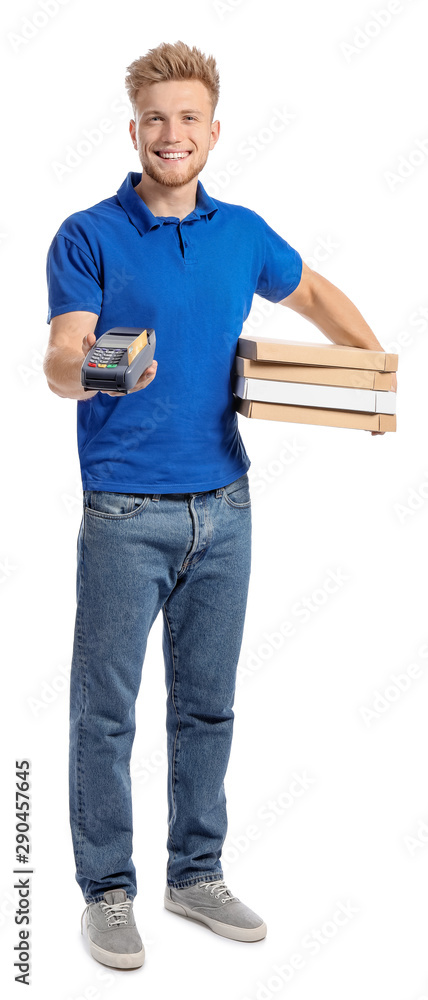 Handsome worker of food delivery service with payment terminal on white background